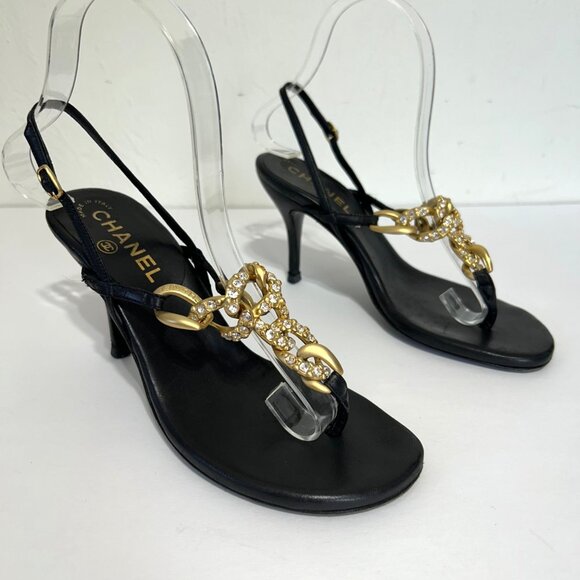 Chanel Sz 36 Black Leather Slingback Heels With Gold Chain Rhinestone Detail - Picture 3 of 14